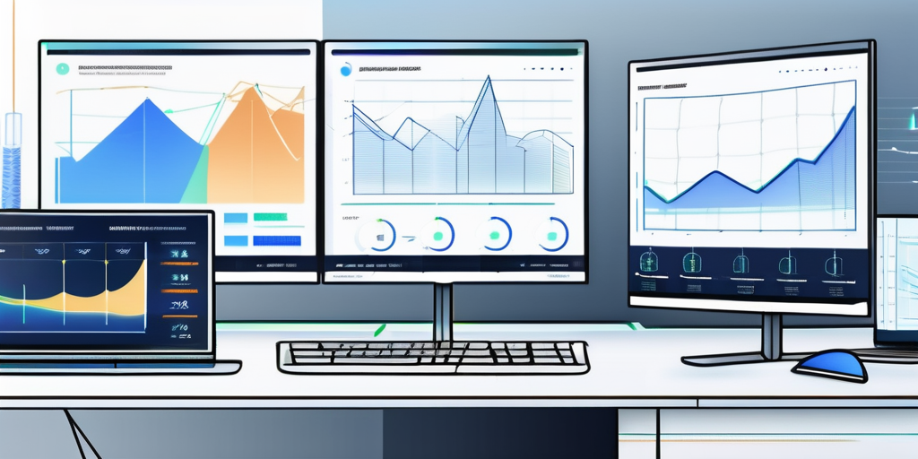Computer-Setup mit mehreren Bildschirmen, die Diagramme und Vergleichstabellen zur Effizienz von Online-Tools zum Vergleich von Stromanbietern zeigen.