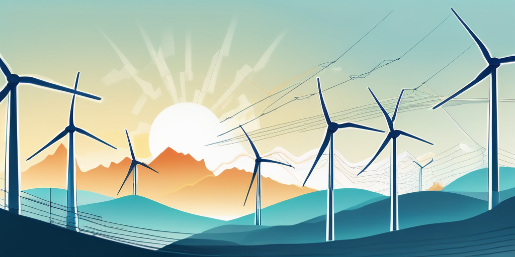 Windturbinen gegen hellen Himmel als Symbol fuer erneuerbare Energiequellen mit steigenden Strompreisdiagrammen