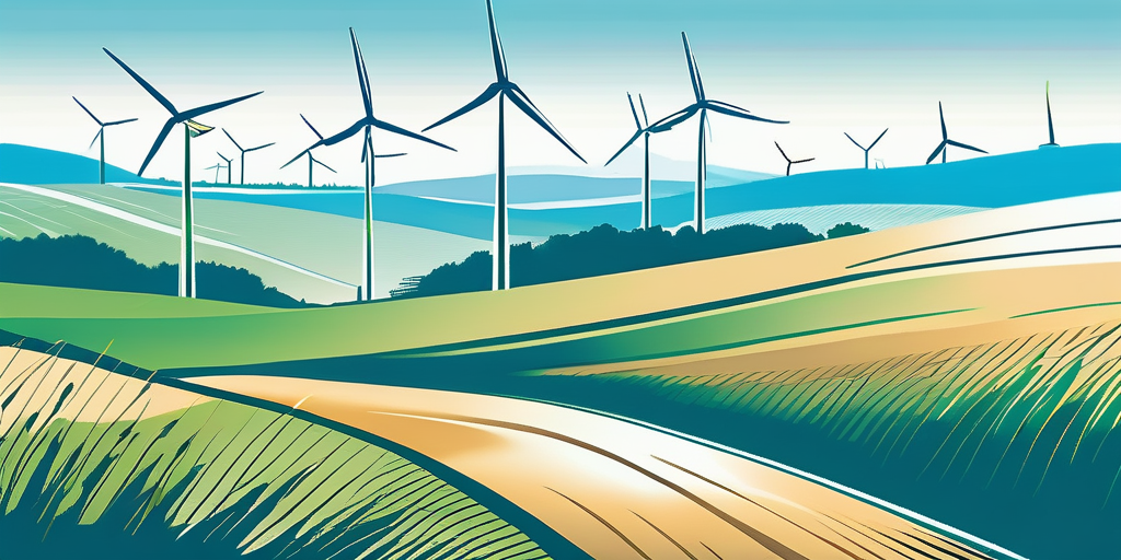 Ländliche Landschaft mit Windrädern unter klarem blauem Himmel als Symbol für nachhaltige Energielösungen.