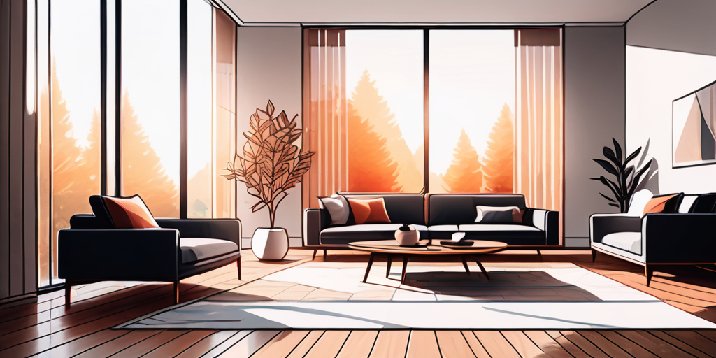 Moderne, geraeumige Wohnzimmer mit elegantem Holzboden, Sonnenlicht durch grosse Fenster, Betonung auf Fussbodenheizung Wartung und Haltbarkeit.