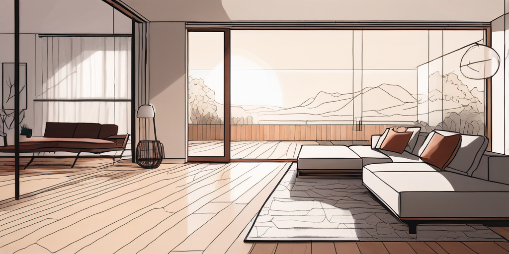 Moderner Wohnraum mit elegantem Holzboden und dezenter Fussbodenheizung, minimalistische Moebel, sanftes Sonnenlicht durch grosse Fenster.
