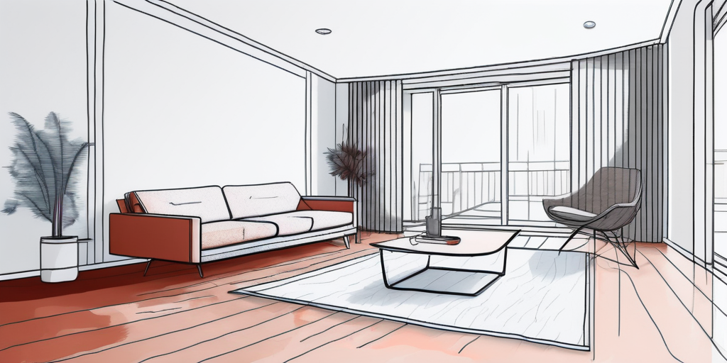 Modernes Wohnzimmer geteilt in zwei Bereiche zum Vergleich von Fussbodenheizung und traditionellen Heizkoerpern, Effizienz dargestellt durch Temperaturverteilung und Energieverbrauch.