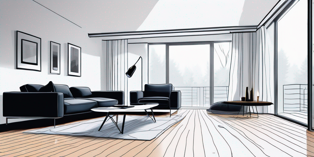 Moderne, gut beleuchtete Wohnzimmer mit elegantem Laminatboden und integrierter Fussbodenheizung, ohne sichtbare Heizkoerper fuer eine aufgeraeumte Atmosphaere.