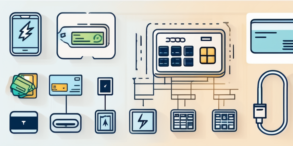 Zahlungsmethoden-Icons fuer Stromdienstleistungen, inklusive Kreditkarten, digitale Geldboersen und Bankueberweisungen, professionell und zugänglich arrangiert.