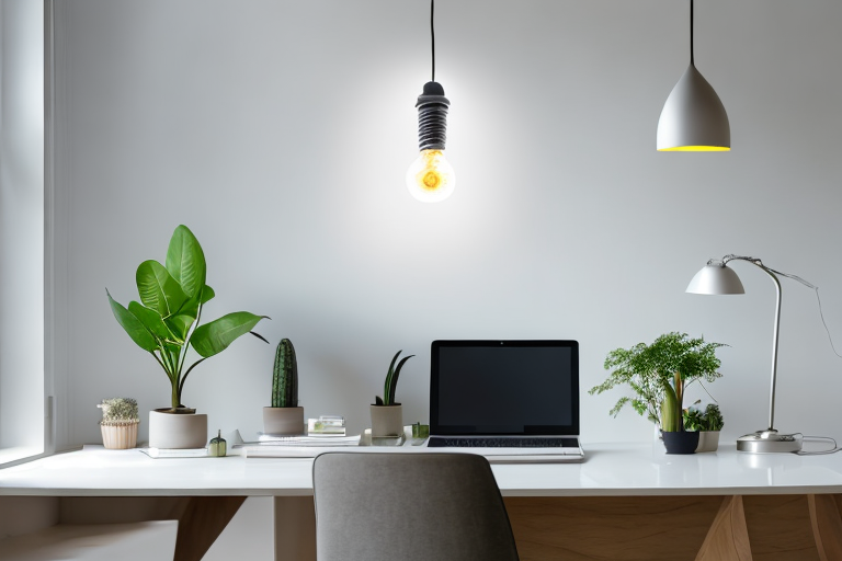 Energiesparende Gluebirne beleuchtet modernen, umweltfreundlichen Arbeitsplatz.