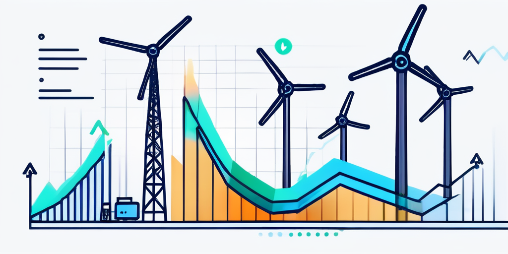 Grafik ueber Strompreistrends im Zeitverlauf mit Symbolen fuer Energiequellen wie Solarzellen und Windturbinen.