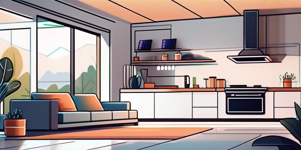 Modernes Zuhause mit energieeffizienten Geraeten, Solarzellen auf dem Dach und einem intelligenten Thermostat im Hintergrund.