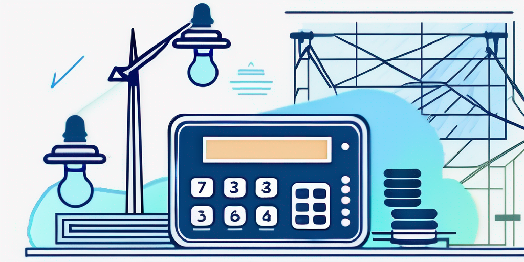 Vereinfachte Stromrechnung, Taschenrechner und Gluehbirne mit Energiesparsymbolen im Hintergrund.