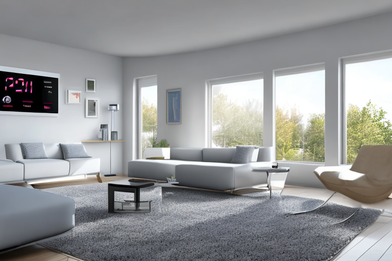 Modernes Wohnzimmer mit LED-Beleuchtung, gut isolierten Fenstern und digitalem Thermostat, nachhaltige Energiepraktiken.