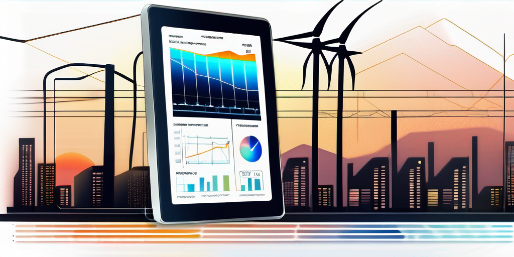 intelligenter energiezaehler zeigt digitale messwerte mit diagrammen auf tablet vor stadt-stromnetz bei sonnenuntergang