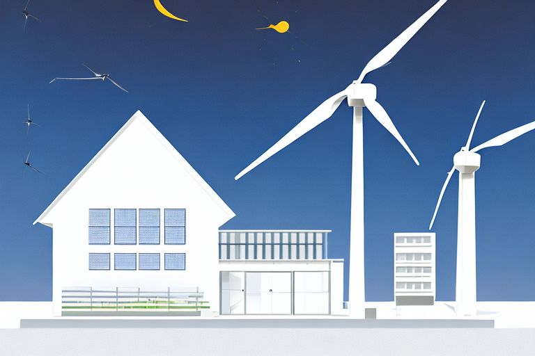 Diagramm vergleicht Energiepreise und zeigt modernes, energieeffizientes Gebaeude mit Solarpanels und Windturbinen.