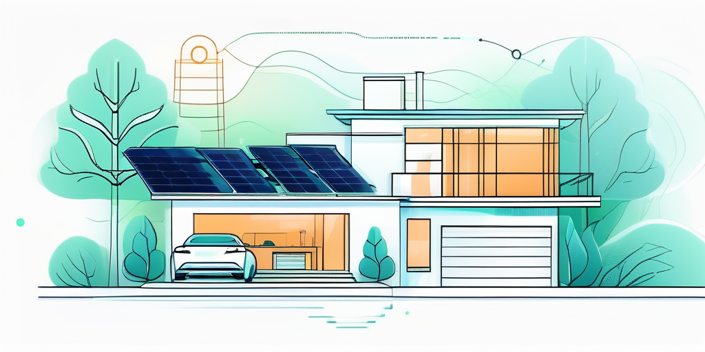 Modernes Familienhaus mit energieeffizienten Geraeten und Smart-Home-Technologie, nachhaltiges Wohnen und Energiemanagement.
