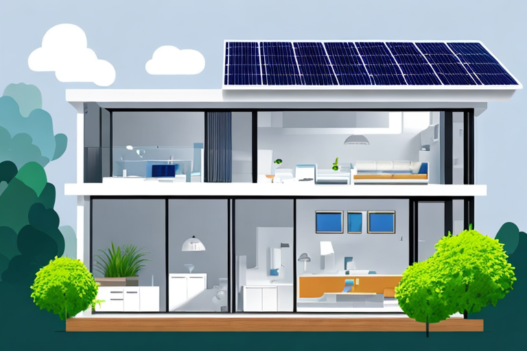 Energieeffiziente Elektrogeraete, Solarpaneele und intelligente Thermostate in einem modernen, umweltfreundlichen Zuhause.