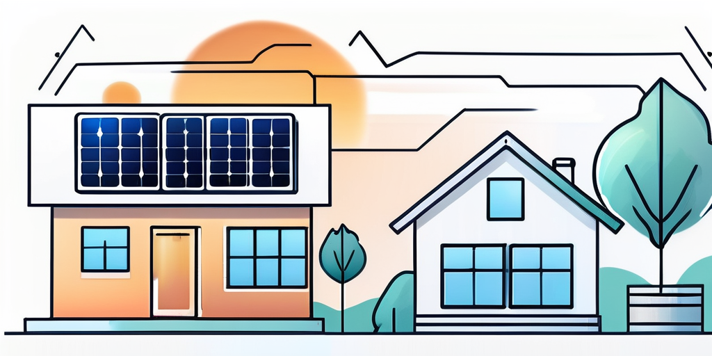 Energieeffizientes Haus mit Solarpanels, LED-Lichtern, smarten Thermostaten und energiesparenden Geraeten.