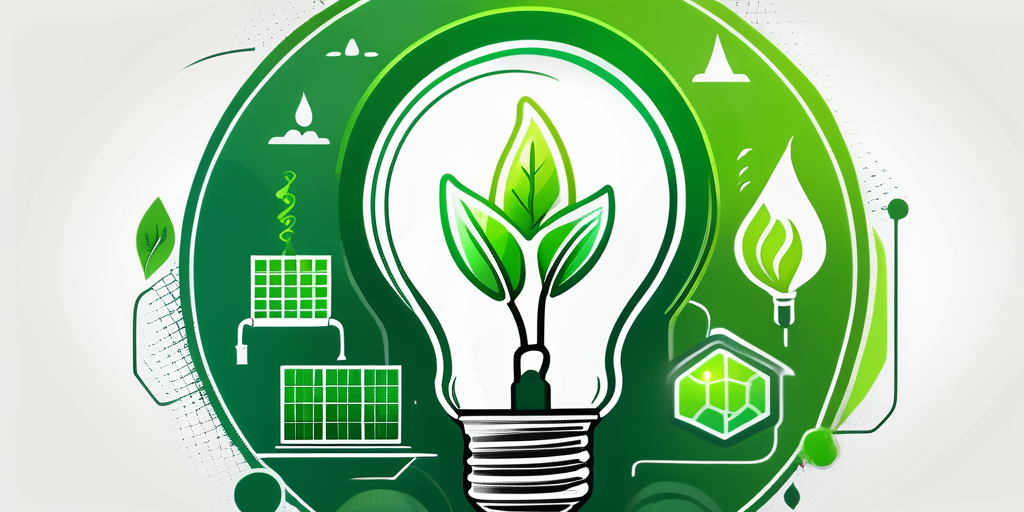 Leuchtende Gluehbirne symbolisiert Energie und Innovation, gruene Symbole fuer erneuerbare Energien im Hintergrund.