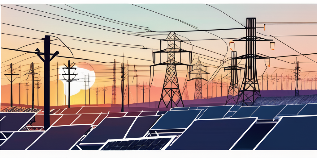 Stromnetz mit Windkraftanlagen und Solarpaneelen bei Sonnenuntergang, symbolisiert Strompreis-Dynamik in Deutschland.