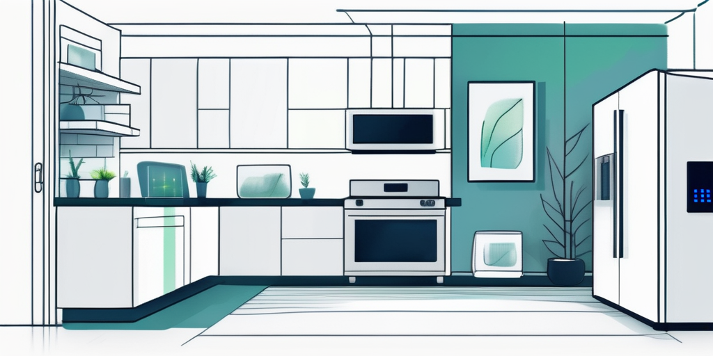 Moderner Wohnraum mit energieeffizienten Geraeten, smarten Thermostaten und LED-Beleuchtung zur Reduzierung des Energieverbrauchs, Energiemonitore zeigen aktuellen Verbrauch.