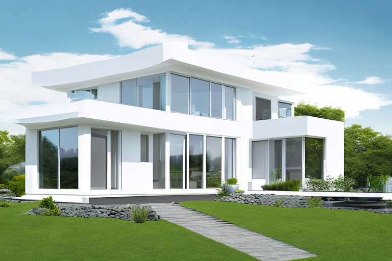 Energieeffizientes Haus mit Solarpaneelen, LED-Beleuchtung, Smart-Thermostat und gut isolierten Fenstern.