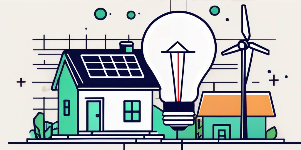 Diagramm zeigt Strompreistrends mit energieeffizienten Geraeten und umweltfreundlichen Hausverbesserungen, leuchtende Gluebirne steht fuer smarten Energieverbrauch.
