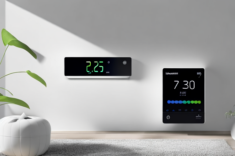 Intelligentes Thermostat an Wand in modernem Zuhause mit digitalem Display zur Anzeige von Energieverbrauch und Steuerung, minimalistische Deko im Hintergrund.