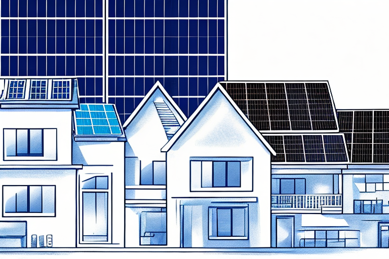 Energiesparloesungen mit Solarpanels, energiesparenden Gluehbirnen und smarten Thermostaten vor modernem Haus.