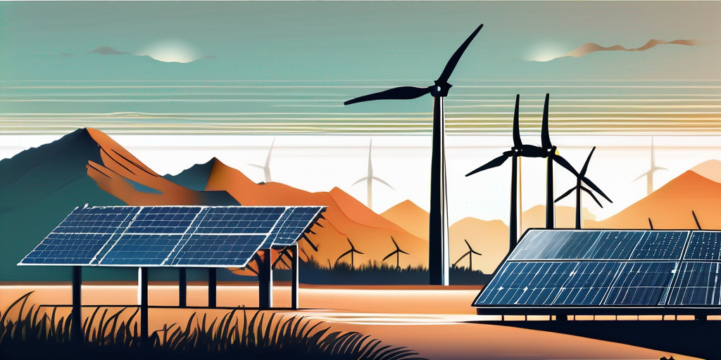 moderne kraftwerk mit windkraftanlagen und solarmodulen bei sonnenuntergang vor bergkulisse und klarem himmel