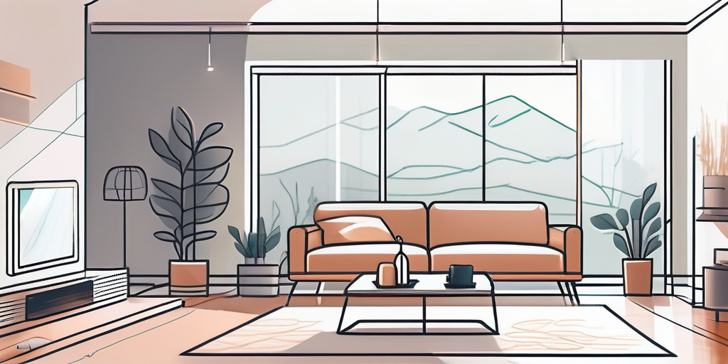 Gemütliches modernes Wohnzimmer mit energieeffizienten LED-Lichtern, energiesparenden Geräten und Smart-Thermostat zur Reduzierung des Stromverbrauchs.