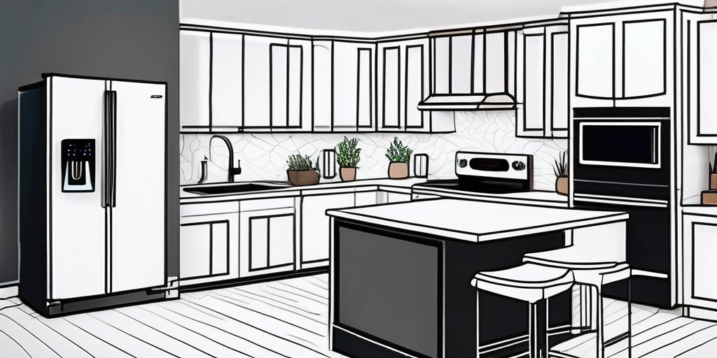 Moderne Kueche mit energieeffizienten Geraeten wie LED-Kuehlschrank, Induktionskochfeld, Smart-Thermostat und umweltfreundlicher Beleuchtung.