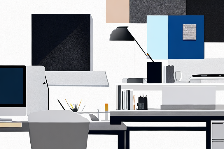 Buero-Setup mit ergonomischen Budget-Moebeln, moderner Technologie und effizienten, gluecklichen Mitarbeitern.