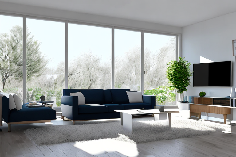 Moderner wohnraum mit natuerlichem licht, energieeffizienten geraeten, gut isolierten fenstern und smartem thermostat.