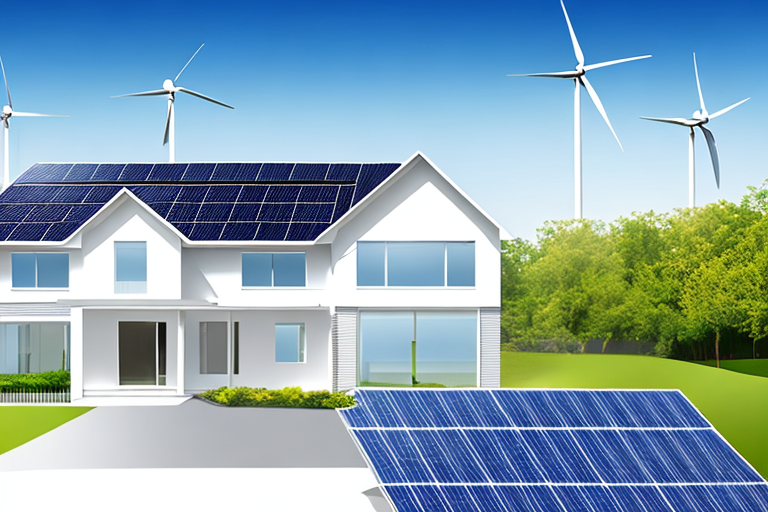 Modernes Haus mit Solarpanelen und Windturbine im Hintergrund zur nachhaltigen Energieeffizienz.