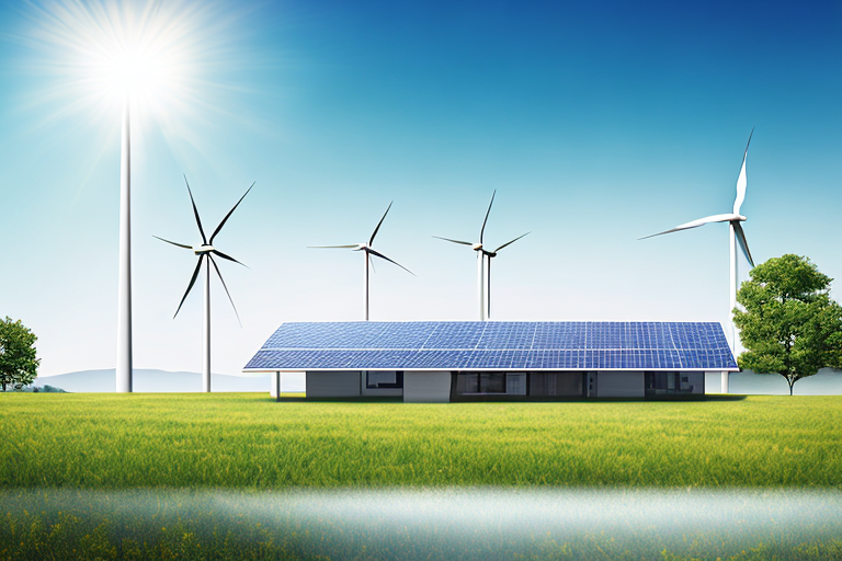 Bild eines Hauses mit Solarpaneelen auf dem Dach, im Sonnenlicht, mit einem Windrad im Hintergrund vor blauem Himmel.
