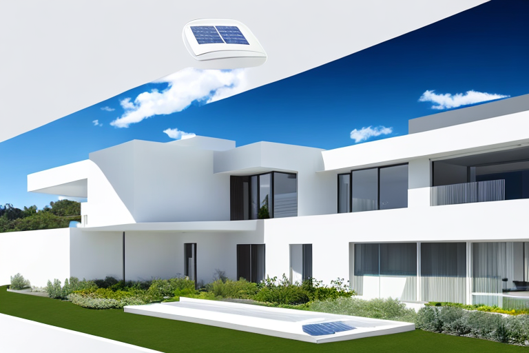 Modernes Haus mit Solarpanels und smartem Thermostat, zeigt energieeffiziente Loesungen.