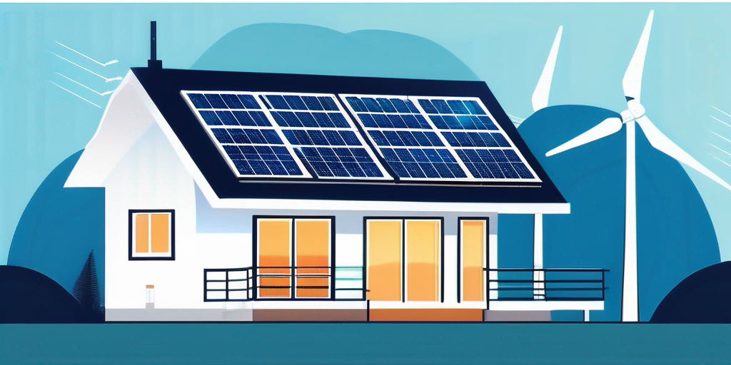 Modernes energieeffizientes Haus mit Solarpanelen auf dem Dach und Windturbinen im Hintergrund.