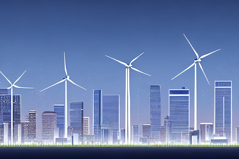 Stadtlandschaft bei Daemmerung mit beleuchteten LED-Gebaeuden, modernen Solarpanels auf Daechern und Windkraftanlagen in der Innenstadt.