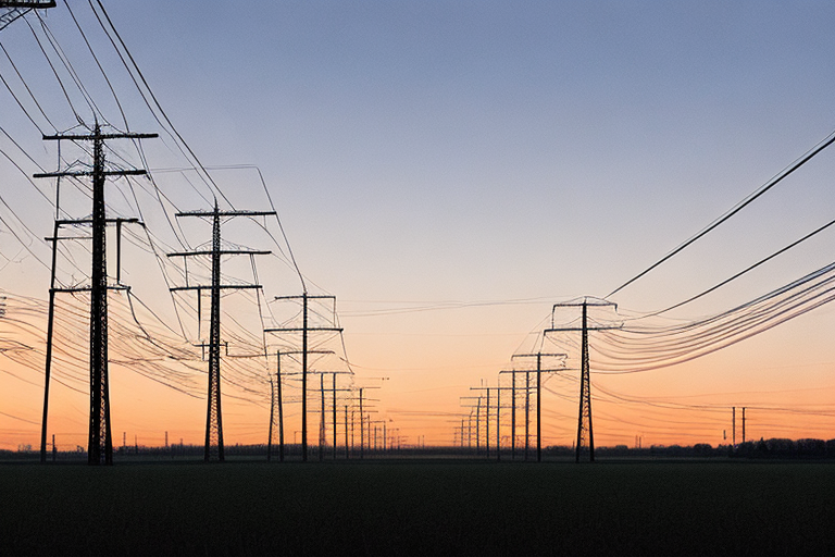 Strommasten bei Sonnenuntergang ueber einer friedlichen Landschaft, effiziente und kostenguenstige Stromverteilung.