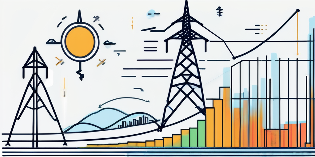 Strompreisentwicklung ueber Zeit mit Energiesparsymbolen wie Gluehbirnen und erneuerbare Energiezeichen, Strategien zur Kostensenkung.