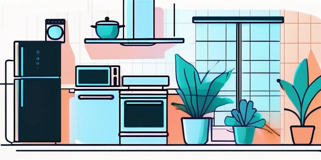 Moderne gut beleuchtete Kueche mit Kuehlschrank, Ofen und Mikrowelle, Energieverbrauch hervorgehoben.