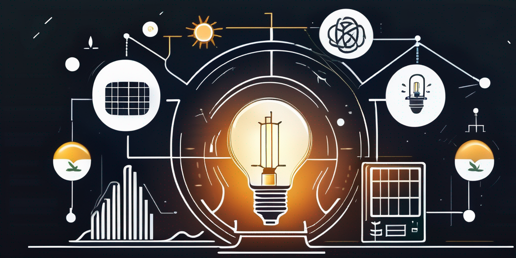 Leuchtende Gluehbirne vor dunklem Hintergrund mit Symbolen fuer erneuerbare Energien und Kostensparcharts.