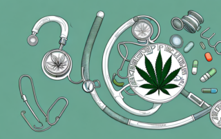 A cannabis plant surrounded by various medical symbols like the rod of asclepius