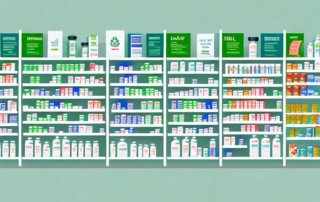 A pharmacy interior with shelves displaying various cannabis products like oil