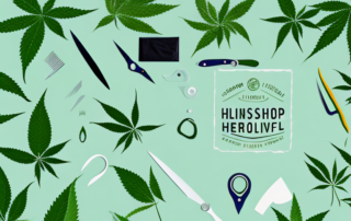 A lush hemp field with various tools like scissors
