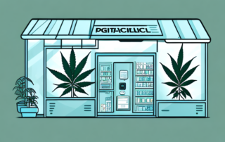 A digital pharmacy storefront with cannabis plants and products displayed in the window