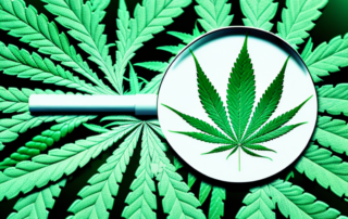 A cannabis leaf with a magnifying glass focusing on it