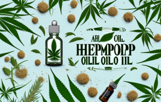 A bottle of hemp oil surrounded by various medicinal herbs