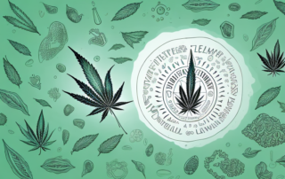 A bottle of hemp tablets surrounded by various symbols of health and wellness
