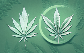 A cannabis leaf juxtaposed with a stylized depiction of a nerve cell
