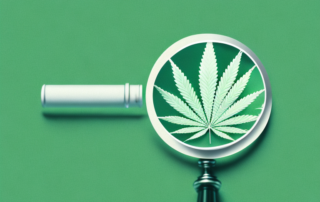A cannabis leaf with a magnifying glass focusing on it