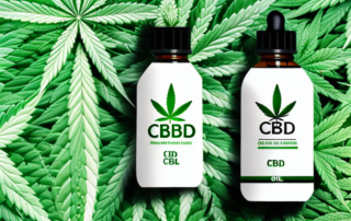 A cbd oil dropper bottle with a hemp leaf in the background
