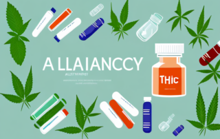 A pharmacy setting with a bottle of thc drops prominently displayed on a counter